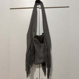 Remi/Reid Charcoal Gray Suede Hobo Bag with Fringe